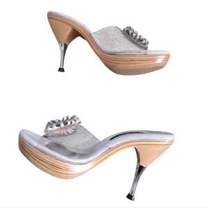 Betsey Johnson Silver and Tan Mules